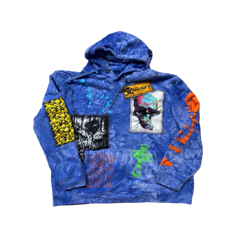 GFTD Los Angeles Tie Dye Patchwork Skull Hoodie Blue Graphic Pullover 2XL